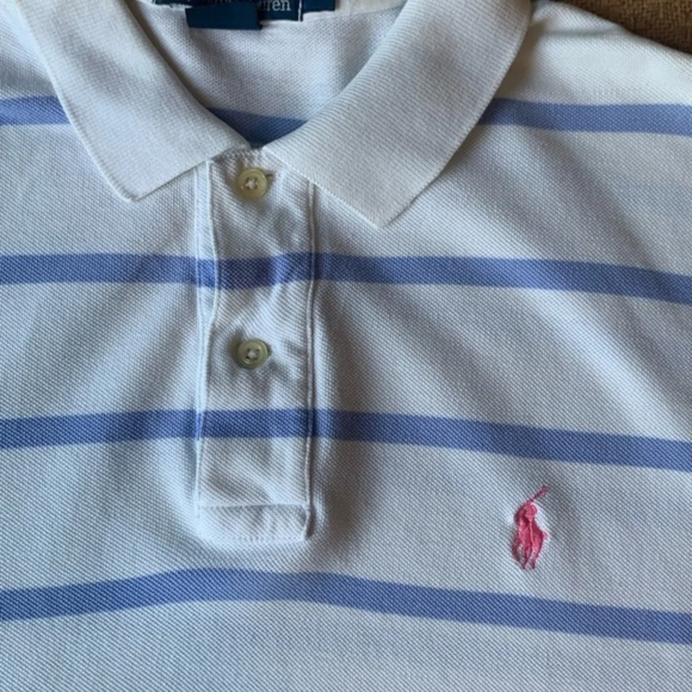 Men's Polo Ralph Lauren Large White Blue Striped  100% Cotton Short Sleeve Golf‎